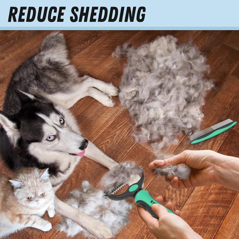 Docrok Pet Grooming Brush and Metal Comb Combo, Cat Brush Dog Brush for Shedding, Undercoat Rake for Dogs Grooming, Dematting Deshedding Brush Dogs Shedding Tool for Long matted Haired Pets, Green - Image 5